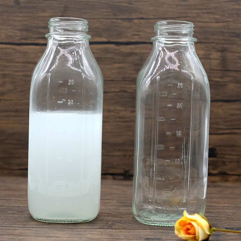 1L 1 Quart Graduated Milk Glass Bottle with Clear Measurement Markings Airtight Metal Lid for Milk Liquid Storage & Container