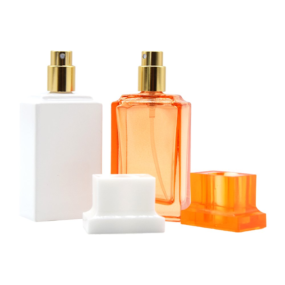 New 30ml Rectangle Flat Glass Perfume Bottle Custom White Orange Color Square Crimp Refillable Mini Glass Perfume Spray Bottles