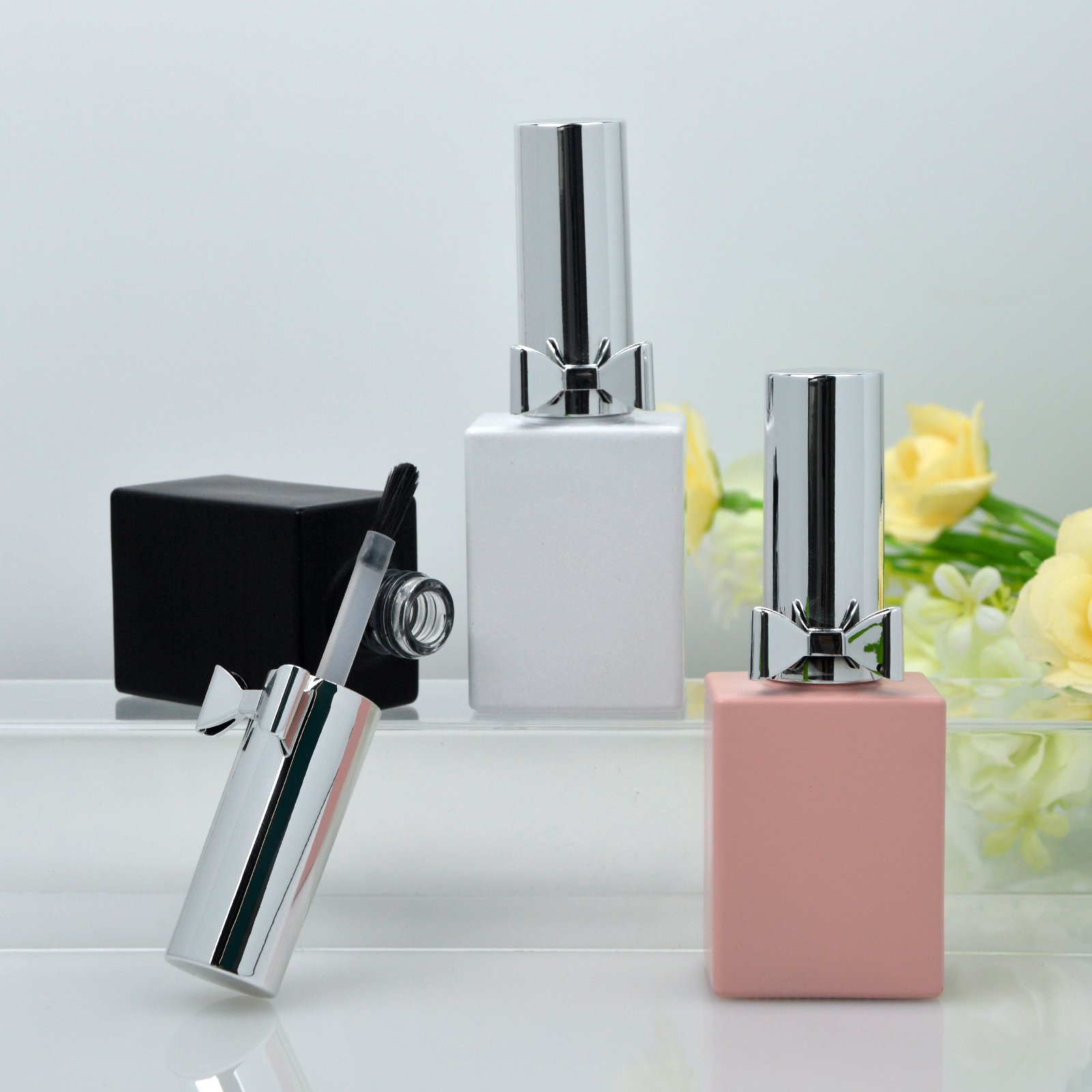 Luxury Factory Customize OEM Design Fancy Unique Bow Tie 15ml Square Empty Uv Gel Nail Polish Glass Bottle With Caps And Brush