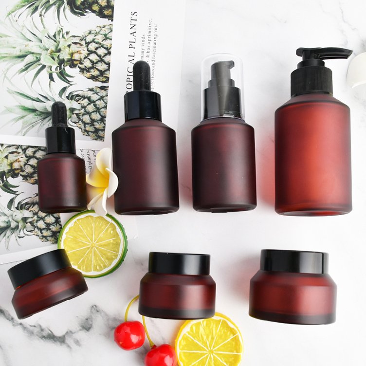 1oz 2oz 4oz 100ml Cosmetic Packaging Set Red Amber Frosted Black Glass Skincare Serum Oil Lotion Pump Dropper Bottle Set And Jar