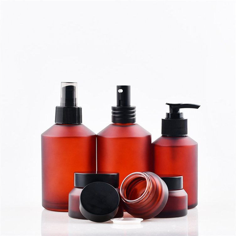 1oz 2oz 4oz 100ml Cosmetic Packaging Set Red Amber Frosted Black Glass Skincare Serum Oil Lotion Pump Dropper Bottle Set And Jar
