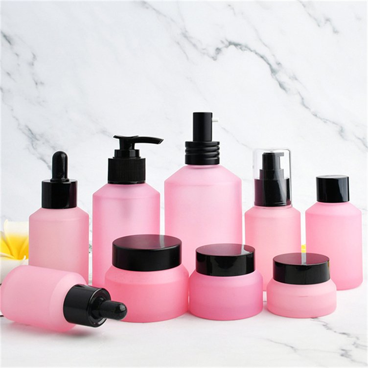 1oz 2oz 4oz 100ml Cosmetic Packaging Set Red Amber Frosted Black Glass Skincare Serum Oil Lotion Pump Dropper Bottle Set And Jar