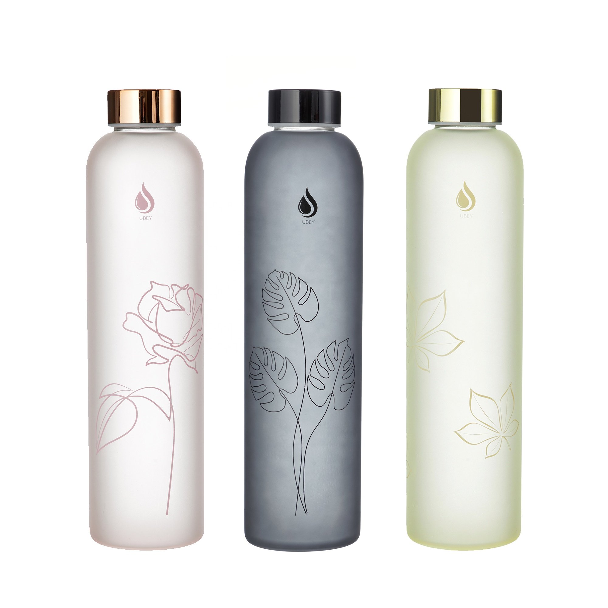 Classy Frosted Glass Water Bottle with Gold Lid Unisex Motivational Customizable Bottle BPA Free