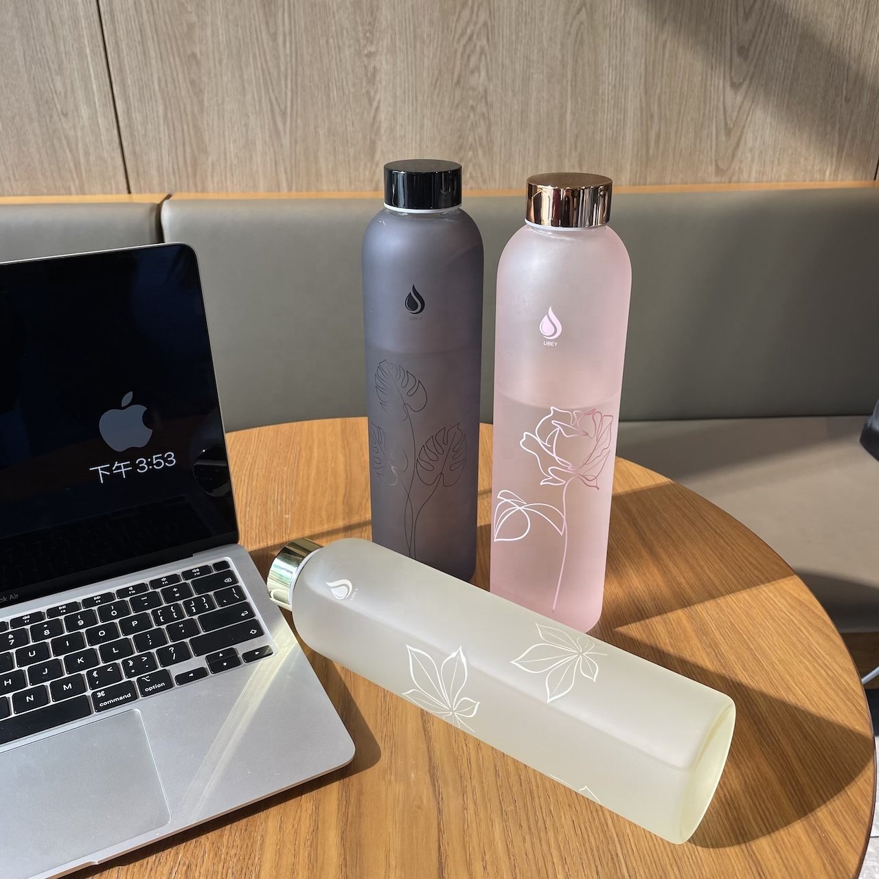 Classy Frosted Glass Water Bottle with Gold Lid Unisex Motivational Customizable Bottle BPA Free