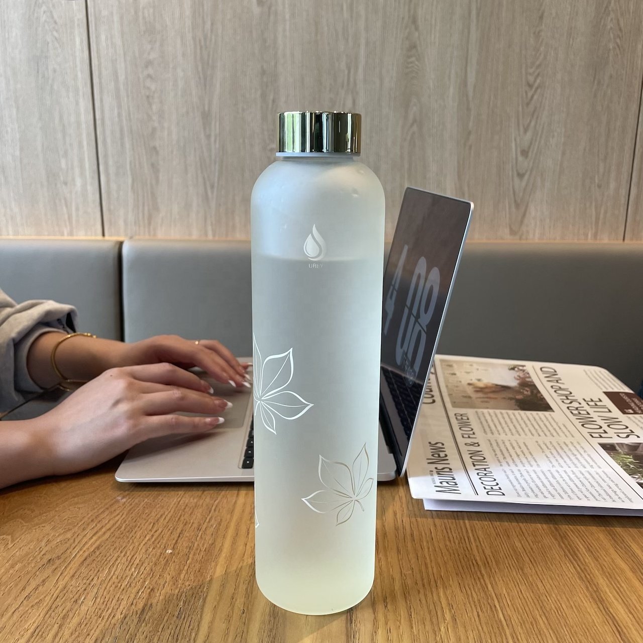 Classy Frosted Glass Water Bottle with Gold Lid Unisex Motivational Customizable Bottle BPA Free