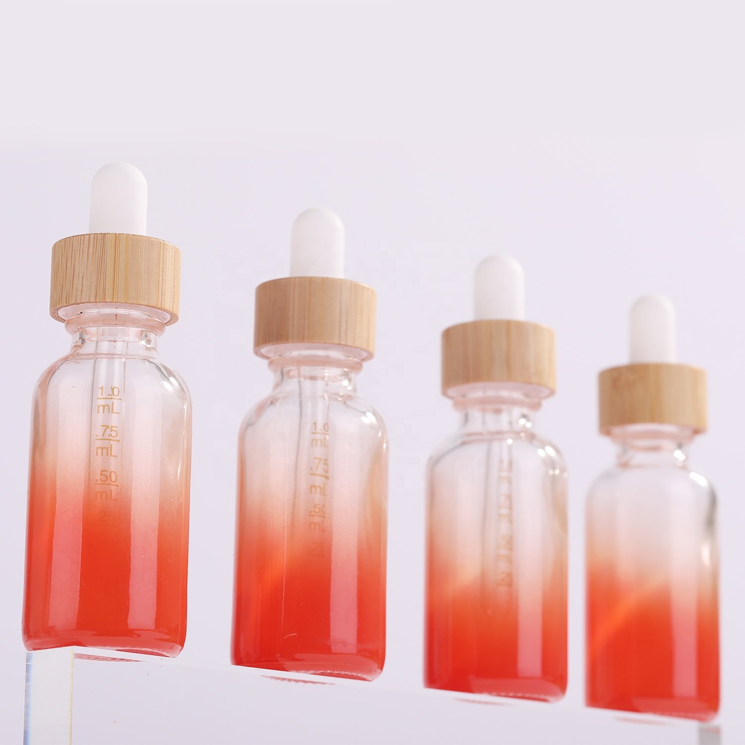 Custom Gradient Red 10ml 15ml 20ml 30ml Essencial Raw liquid Boston Bamboo Dropper Glass Bottle With Wood Cap