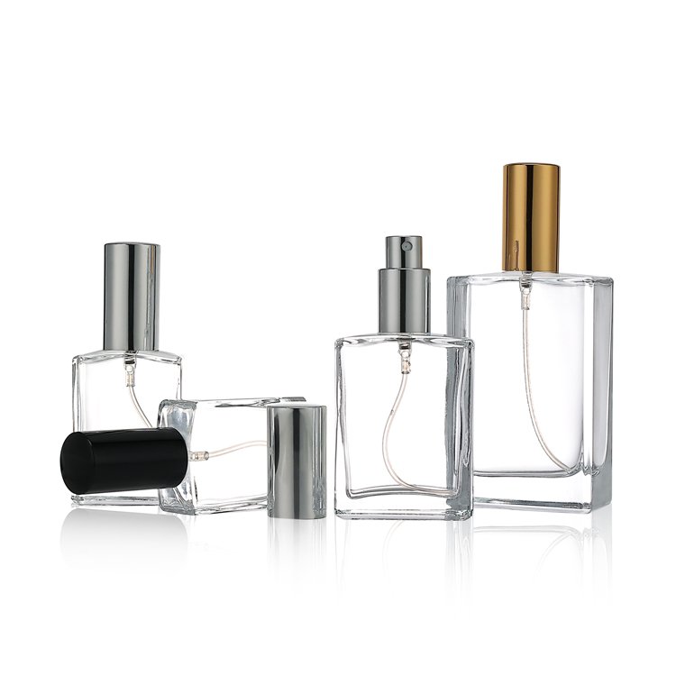 High quality 30ml 50ml 100ml thick glass bottom luxury flat square empty refillable spray perfume bottle