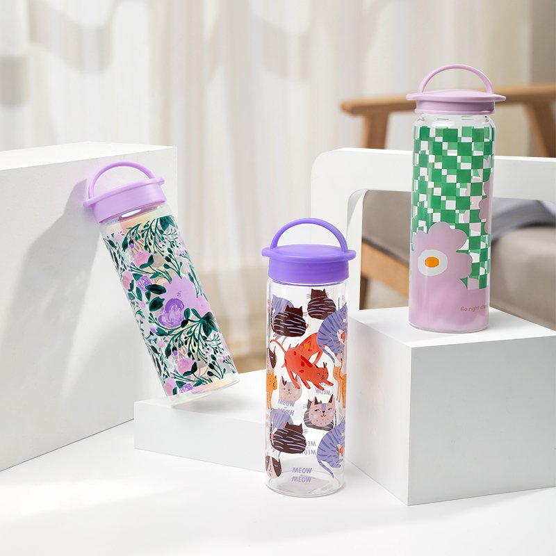 Wholesales Custom Large Capacity 500ml Holographic Floral Design Botellas De Agua Glass Water Bottle with Handle