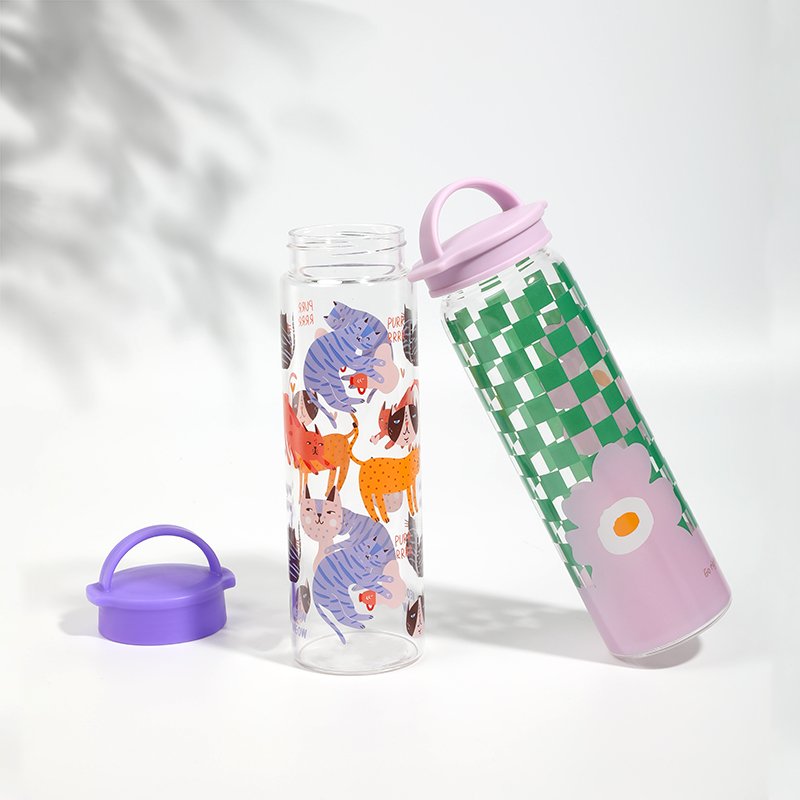 Wholesales Custom Large Capacity 500ml Holographic Floral Design Botellas De Agua Glass Water Bottle with Handle