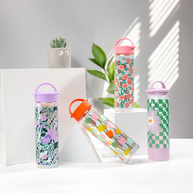 Wholesales Custom Large Capacity 500ml Holographic Floral Design Botellas De Agua Glass Water Bottle with Handle