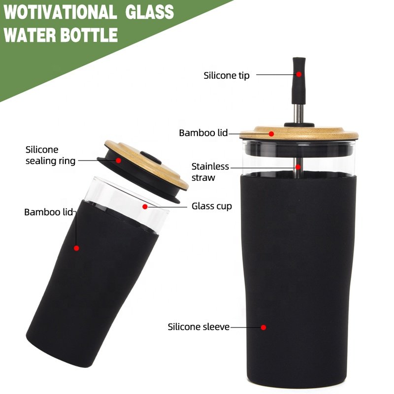 Small MOQ stock 20oz 24oz new design glass tumbler with bamboo lid and straw full silicone sleeve