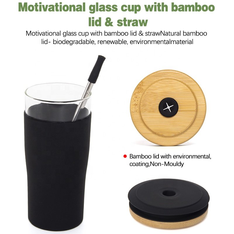 Small MOQ stock 20oz 24oz new design glass tumbler with bamboo lid and straw full silicone sleeve