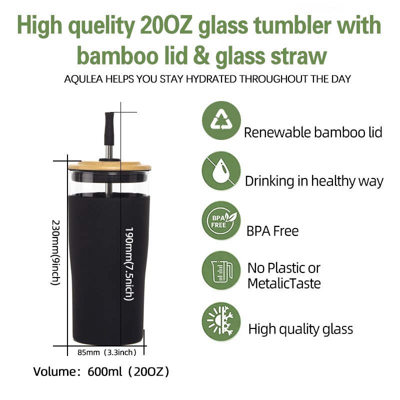 Small MOQ stock 20oz 24oz new design glass tumbler with bamboo lid and straw full silicone sleeve