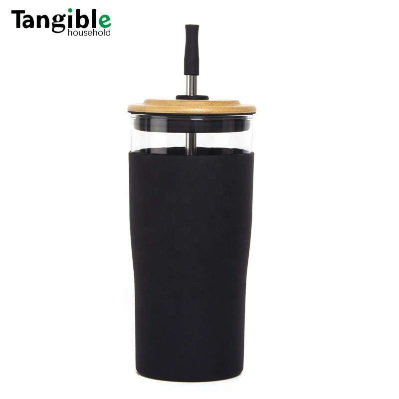 Small MOQ stock 20oz 24oz new design glass tumbler with bamboo lid and straw full silicone sleeve