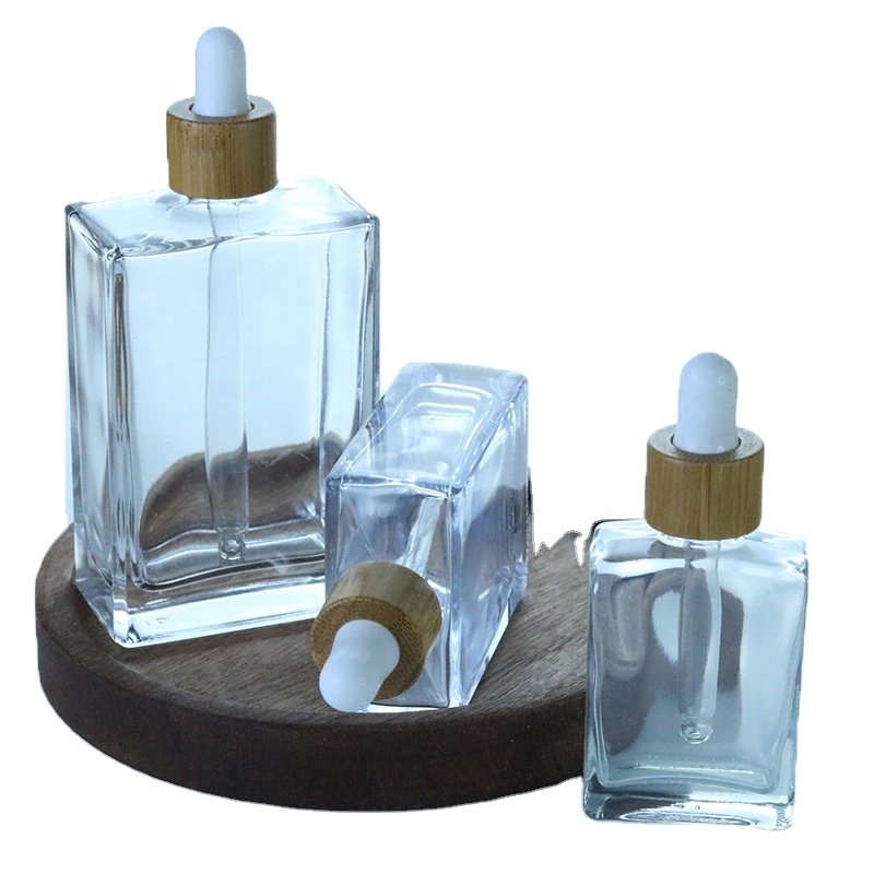 Fancy 30ml 50ml 100ml rectangle clear glass cosmetic serum dropper bottle with bamboo pipette dropper for Fragrance Oil (GSA23)