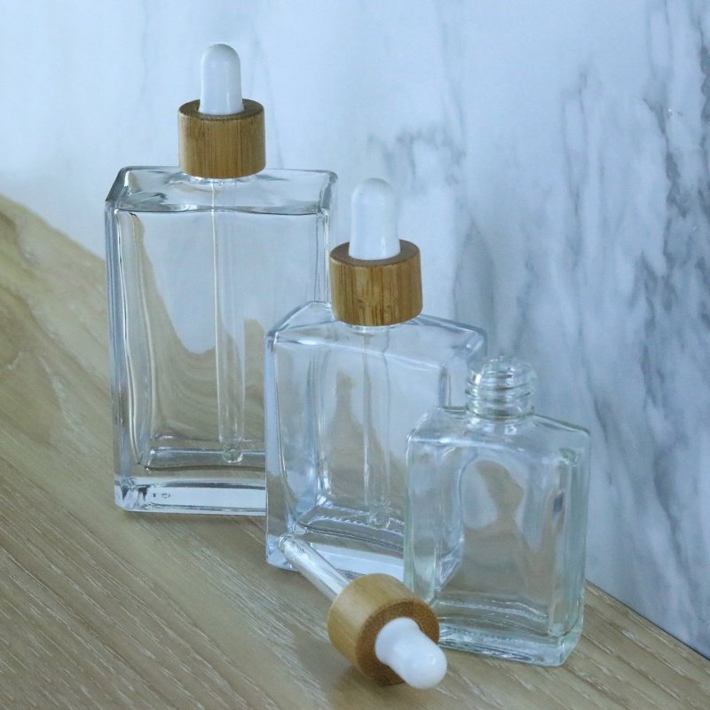 Fancy 30ml 50ml 100ml rectangle clear glass cosmetic serum dropper bottle with bamboo pipette dropper for Fragrance Oil (GSA23)