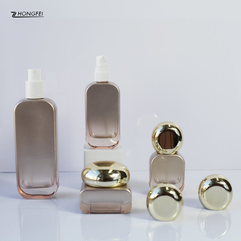 Luxury square matte glass designer cosmetic packaging 30g 50g 30ml 50ml with gold caps lotion pump serum bottle spray bottle
