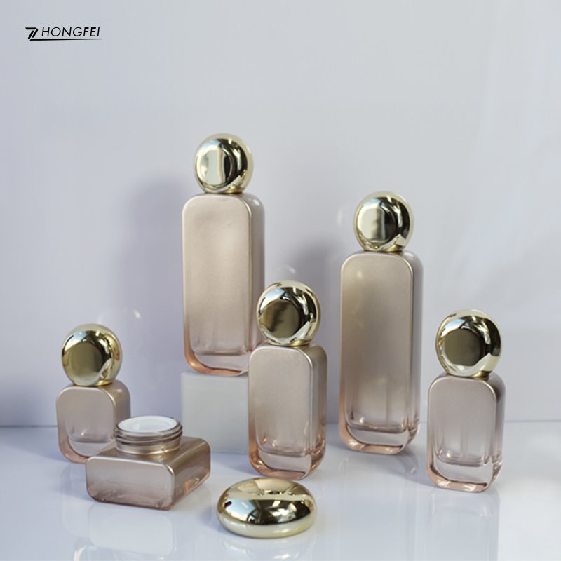 Luxury square matte glass designer cosmetic packaging 30g 50g 30ml 50ml with gold caps lotion pump serum bottle spray bottle