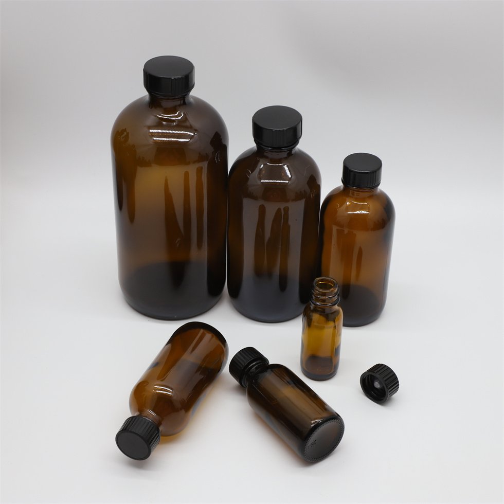 250ml empty clear amber boston round bottles with dropper for essential oil glass bottle
