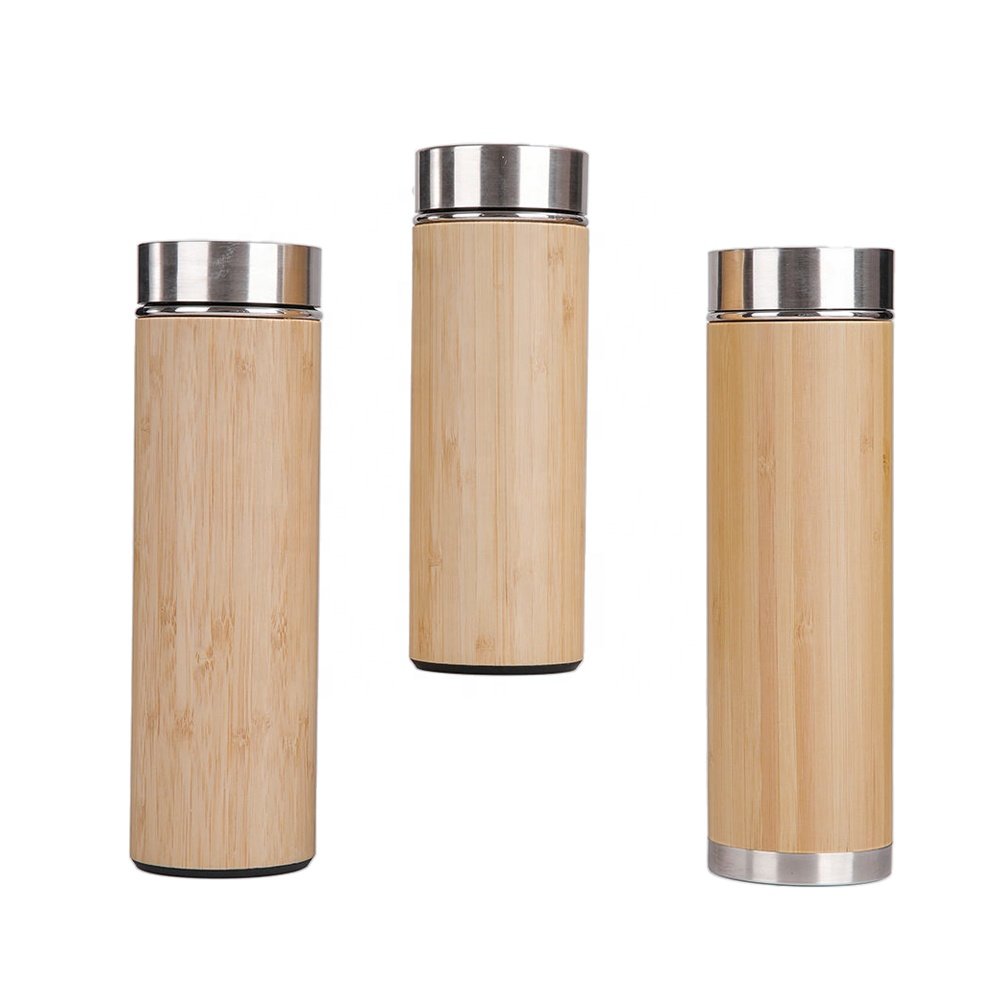 Double Wall Bamboo Tumbler Bottle Stainless steel Bamboo Water Bottle Customized Water Flask with Leak Proof Lid