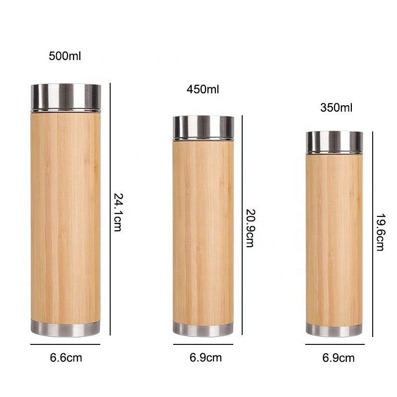 Double Wall Bamboo Tumbler Bottle Stainless steel Bamboo Water Bottle Customized Water Flask with Leak Proof Lid