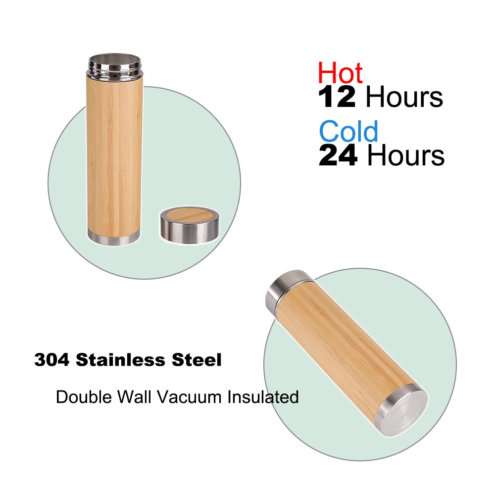 Double Wall Bamboo Tumbler Bottle Stainless steel Bamboo Water Bottle Customized Water Flask with Leak Proof Lid