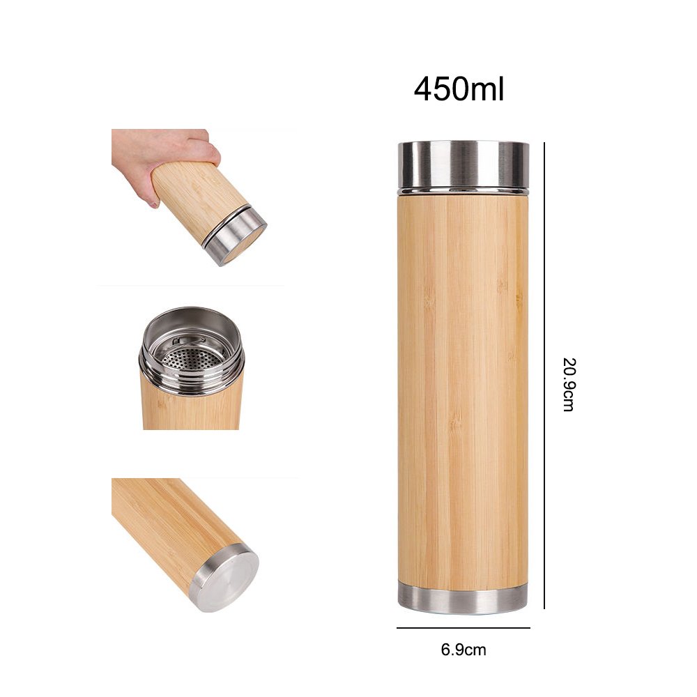Double Wall Bamboo Tumbler Bottle Stainless steel Bamboo Water Bottle Customized Water Flask with Leak Proof Lid