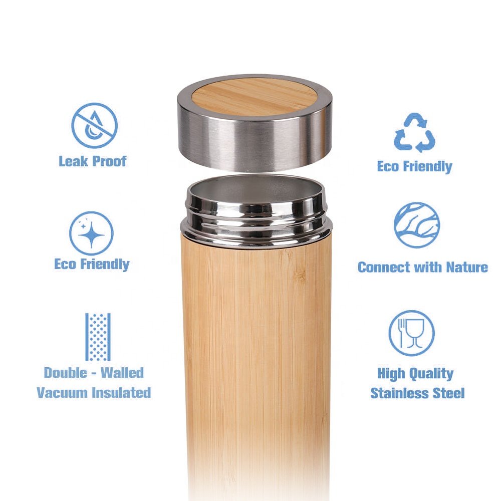 Double Wall Bamboo Tumbler Bottle Stainless steel Bamboo Water Bottle Customized Water Flask with Leak Proof Lid