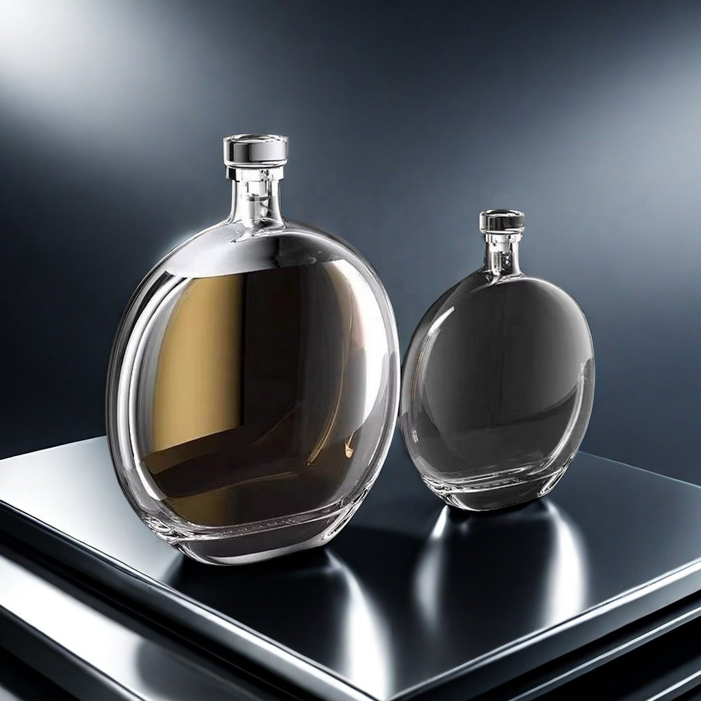 Flat Round Shape 250ml 500ml Empty Wine Bottles Liquor Wine Whiskey Vodka Tequila Flat Round Liquor Bottle Without Cork Cover