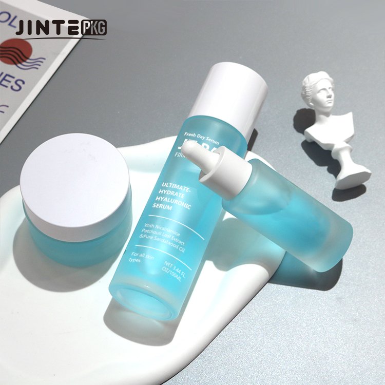 30ml 50ml Luxury Blue Frosted Glass Packaging Set Oil Dropper Cosmetic Packaging Bottle And Jar Set