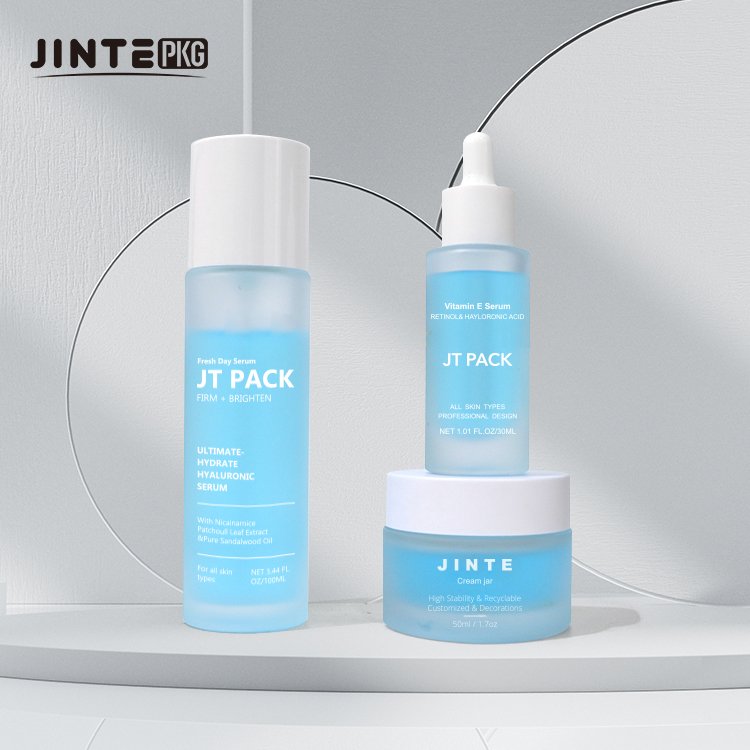 30ml 50ml Luxury Blue Frosted Glass Packaging Set Oil Dropper Cosmetic Packaging Bottle And Jar Set
