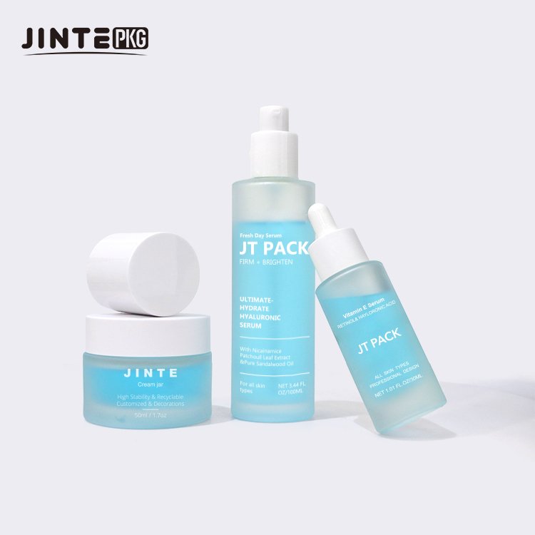 30ml 50ml Luxury Blue Frosted Glass Packaging Set Oil Dropper Cosmetic Packaging Bottle And Jar Set