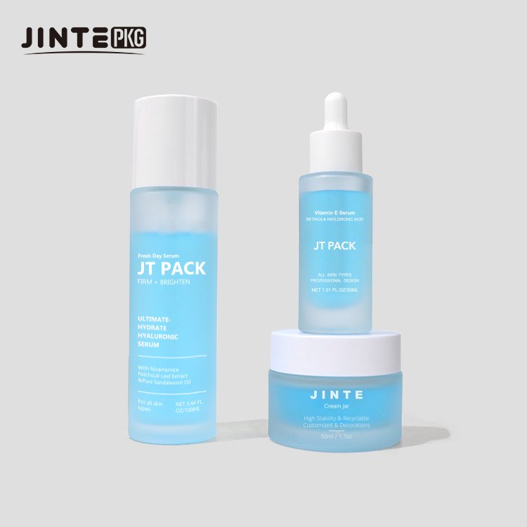 30ml 50ml Luxury Blue Frosted Glass Packaging Set Oil Dropper Cosmetic Packaging Bottle And Jar Set