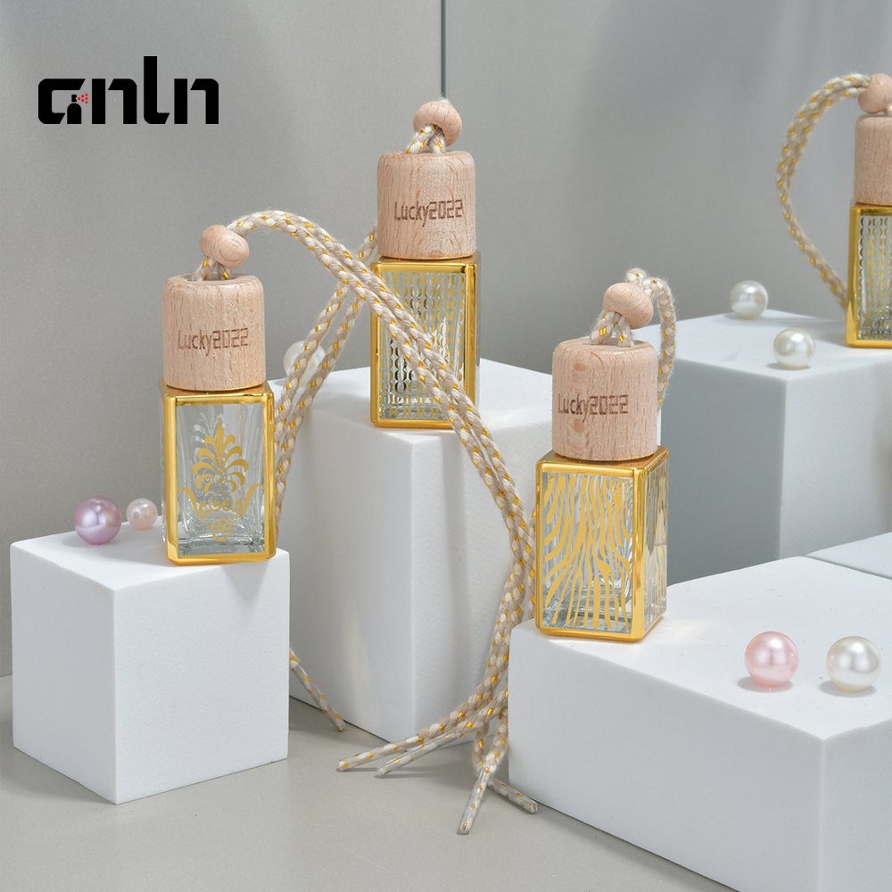 ANLN Empty 10ml Golden Glass Hanging Car Perfume Air Freshener Diffuser Bottle With Wooden Cap