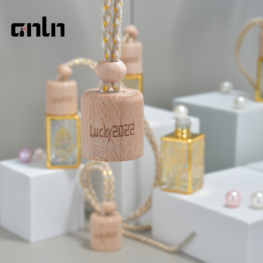 ANLN Empty 10ml Golden Glass Hanging Car Perfume Air Freshener Diffuser Bottle With Wooden Cap
