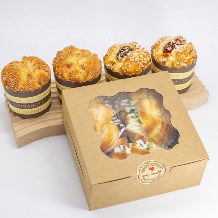 Recyclable kraft paper bento cake box with clear window Wholesale custom white muffin cake packaging box with transparent window