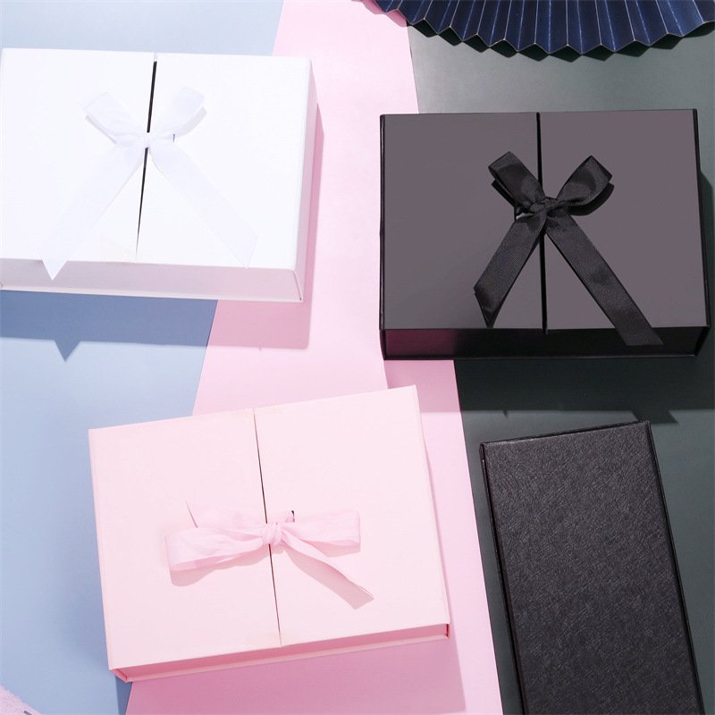 New ribbon flap double door folding paper gift box solid color simple atmosphere gift packaging paper box