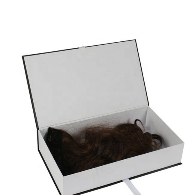Custom logo luxury rigid black cardboard bundle extension gift box with silk satin lining insert packaging boxes for hair wigs