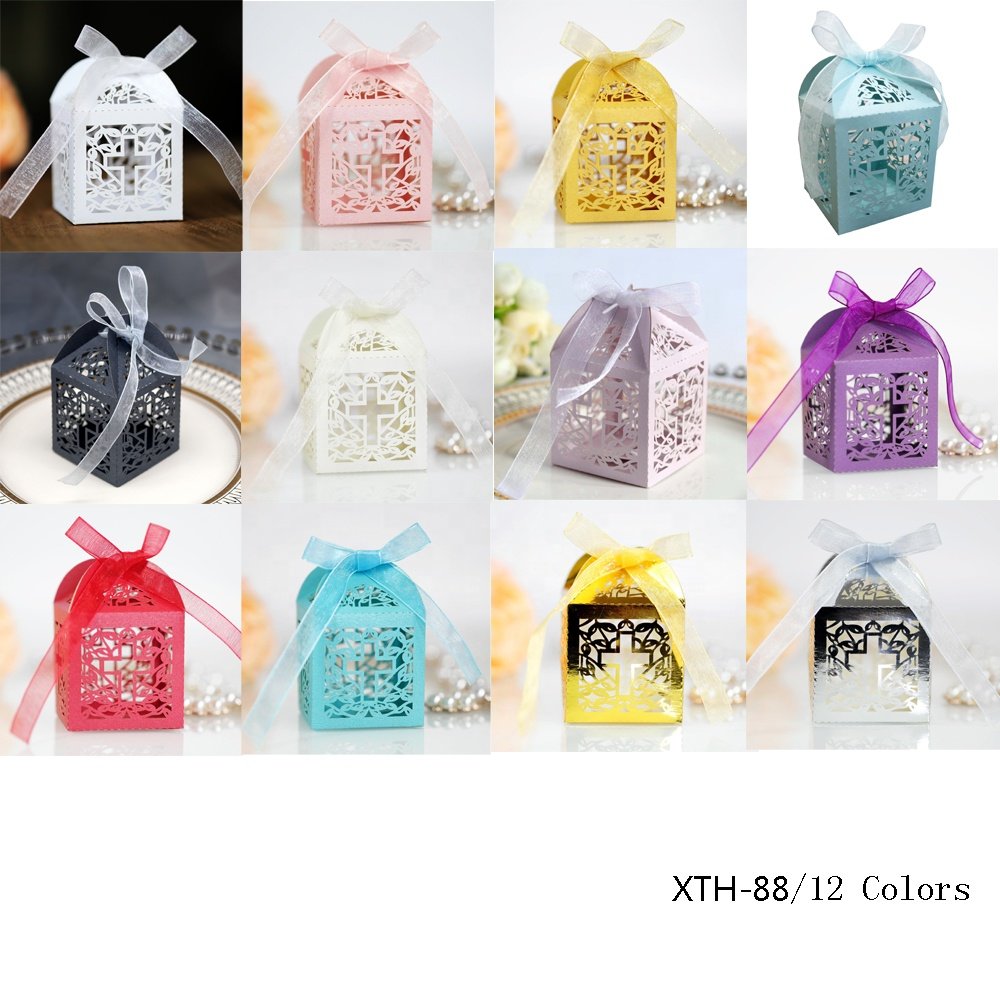 Ribbon Hollow Cross Paper Candy Sweet Gift Packaging Box Boxes for Wedding Baby Shower Party Decor