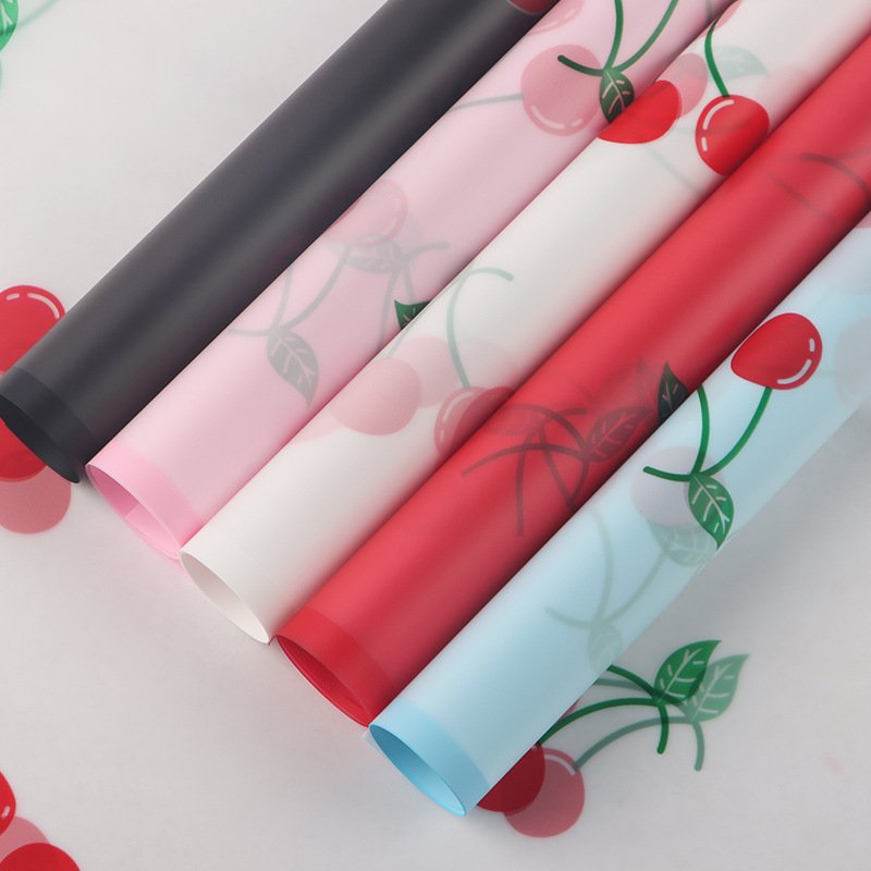 58*58cm/pcs Red Cherry Design Printed Plastic Waterproof Flower Bouquet Wrapping Paper Floral Packaging Paper