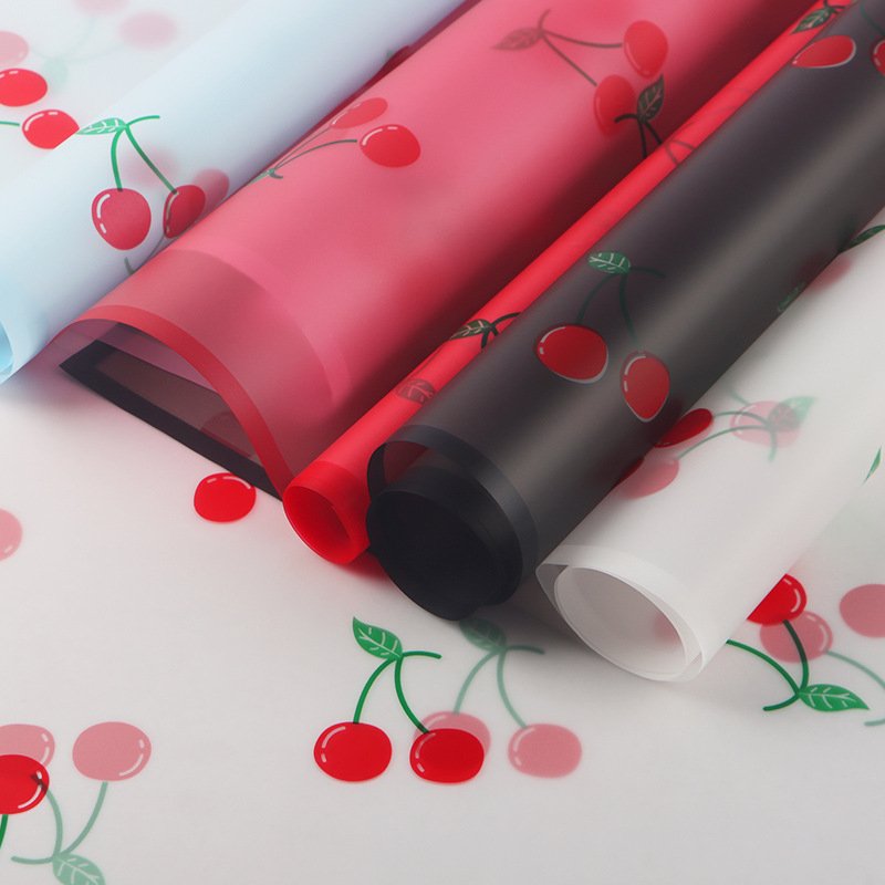 58*58cm/pcs Red Cherry Design Printed Plastic Waterproof Flower Bouquet Wrapping Paper Floral Packaging Paper