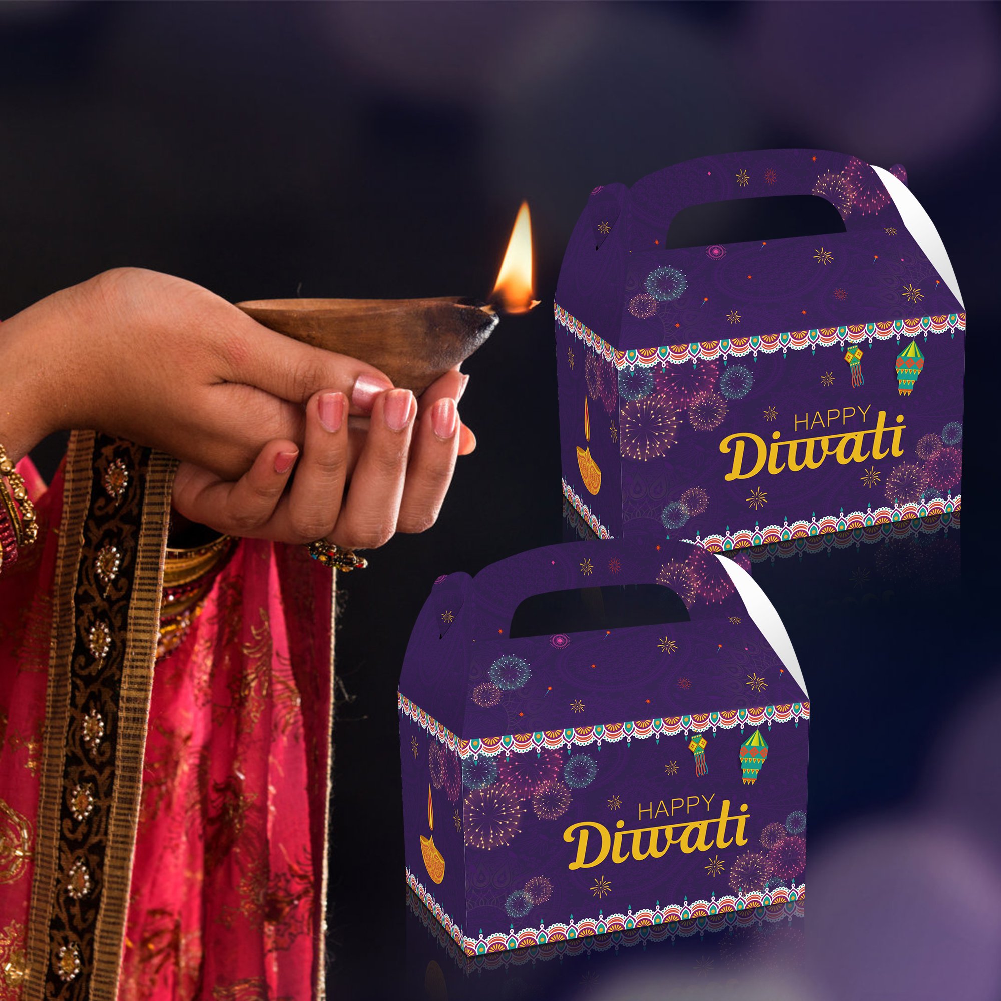Xindeli DD211 Happy Diwali Design Candy Paper Gift Cake Goodies Treat Boxes for Party Supplies