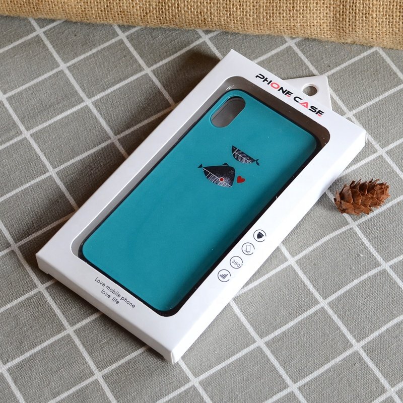 Wholesale clear window phone case foldable white cardboard packaging box with hook and insert PVC tray for digital accessories