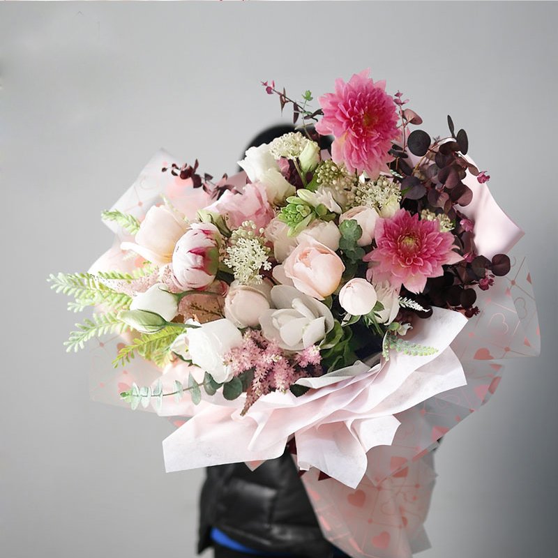 Valentine's Day Roses Flowers Bouquet Wrapped in Matte Jelly Film Floral Heart-Design Waterproof and Coated Packaging Paper