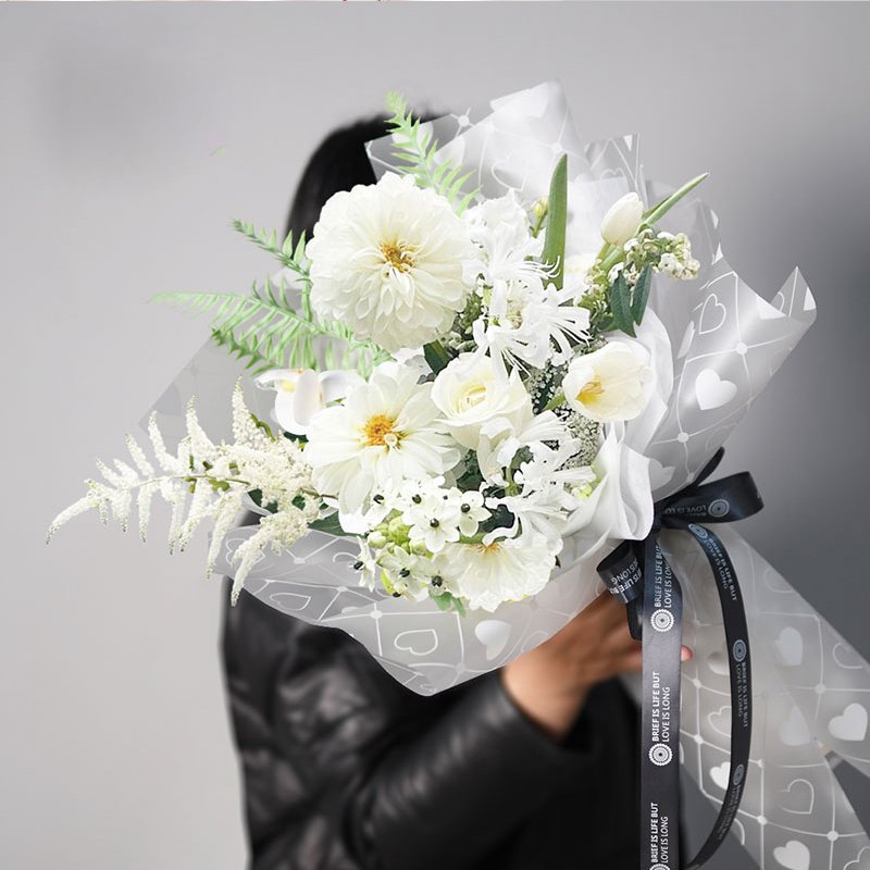 Valentine's Day Roses Flowers Bouquet Wrapped in Matte Jelly Film Floral Heart-Design Waterproof and Coated Packaging Paper
