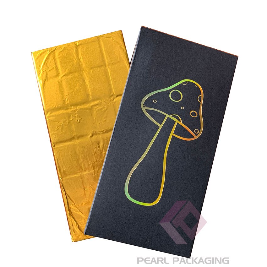 Gold Holographic Foiled Matte Black White Chocolate Bar Packaging Box with Gold Foil Wrappers
