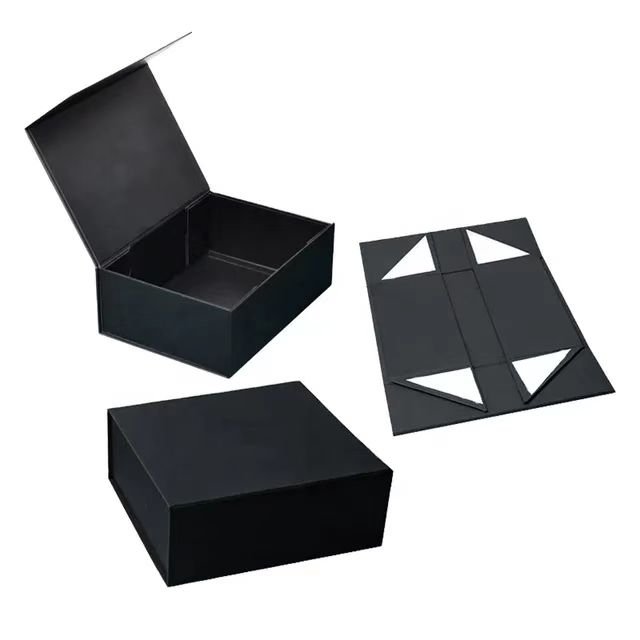 Custom Branding Matte Black Magnetic Closure Paper Gift Box For Garments Ribbon Handle Rectangular Folding Clothing Packaging