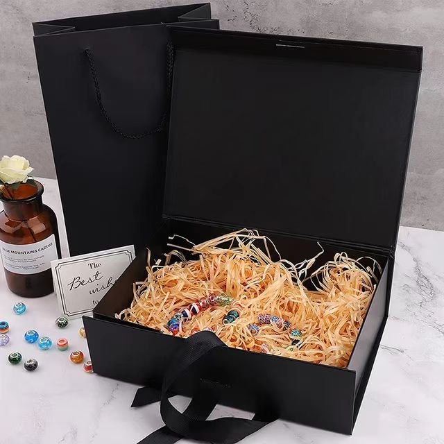 Custom Branding Matte Black Magnetic Closure Paper Gift Box For Garments Ribbon Handle Rectangular Folding Clothing Packaging