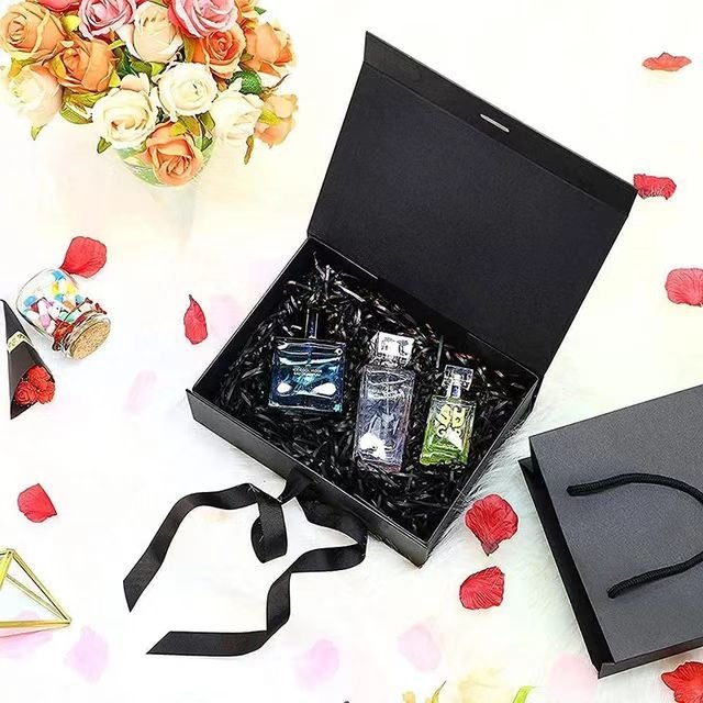 Custom Branding Matte Black Magnetic Closure Paper Gift Box For Garments Ribbon Handle Rectangular Folding Clothing Packaging