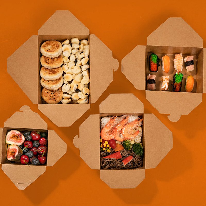 Custom Logo Brown Kraft Packaging Cardboard Catering Takeaway Takeout To Go Paper Take Out Container Food Box